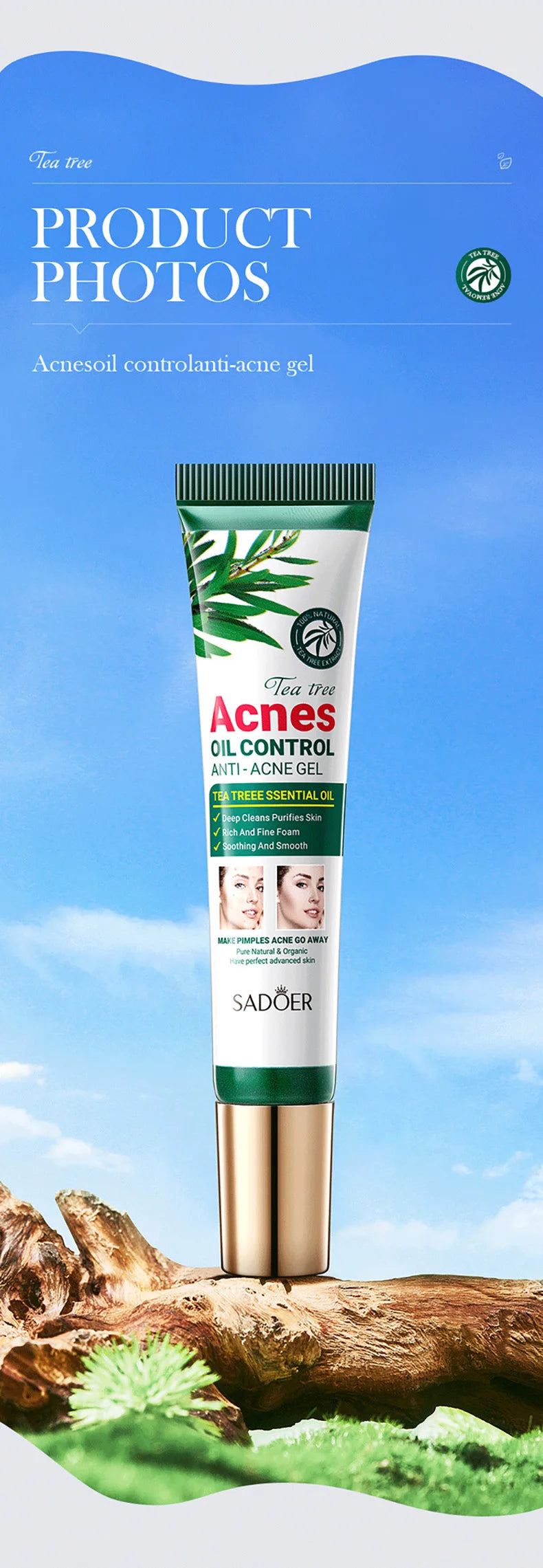 SADOER árbol de té crema eliminadora de acné cuidado de la piel Facial Control de aceite cremas de Gel Facial hidratante crema Facial cuidado de la piel