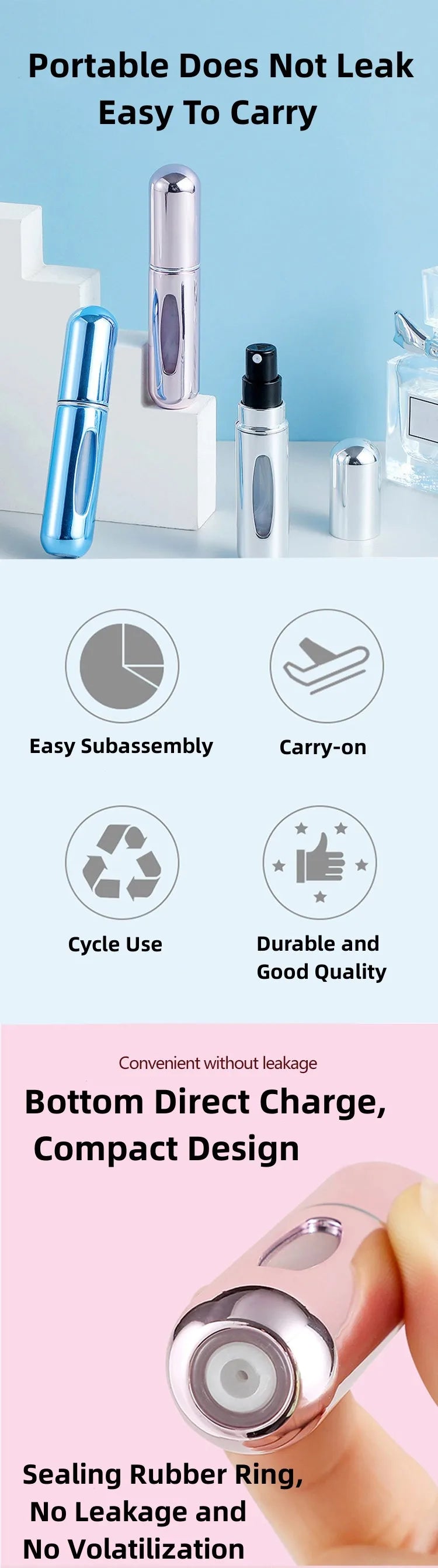 Botella pulverizadora de perfume de viaje portátil de 5 ml con herramientas para el cuidado de la piel, cómoda y fácil de transportar, ideal para uso y retocaciones en movimiento